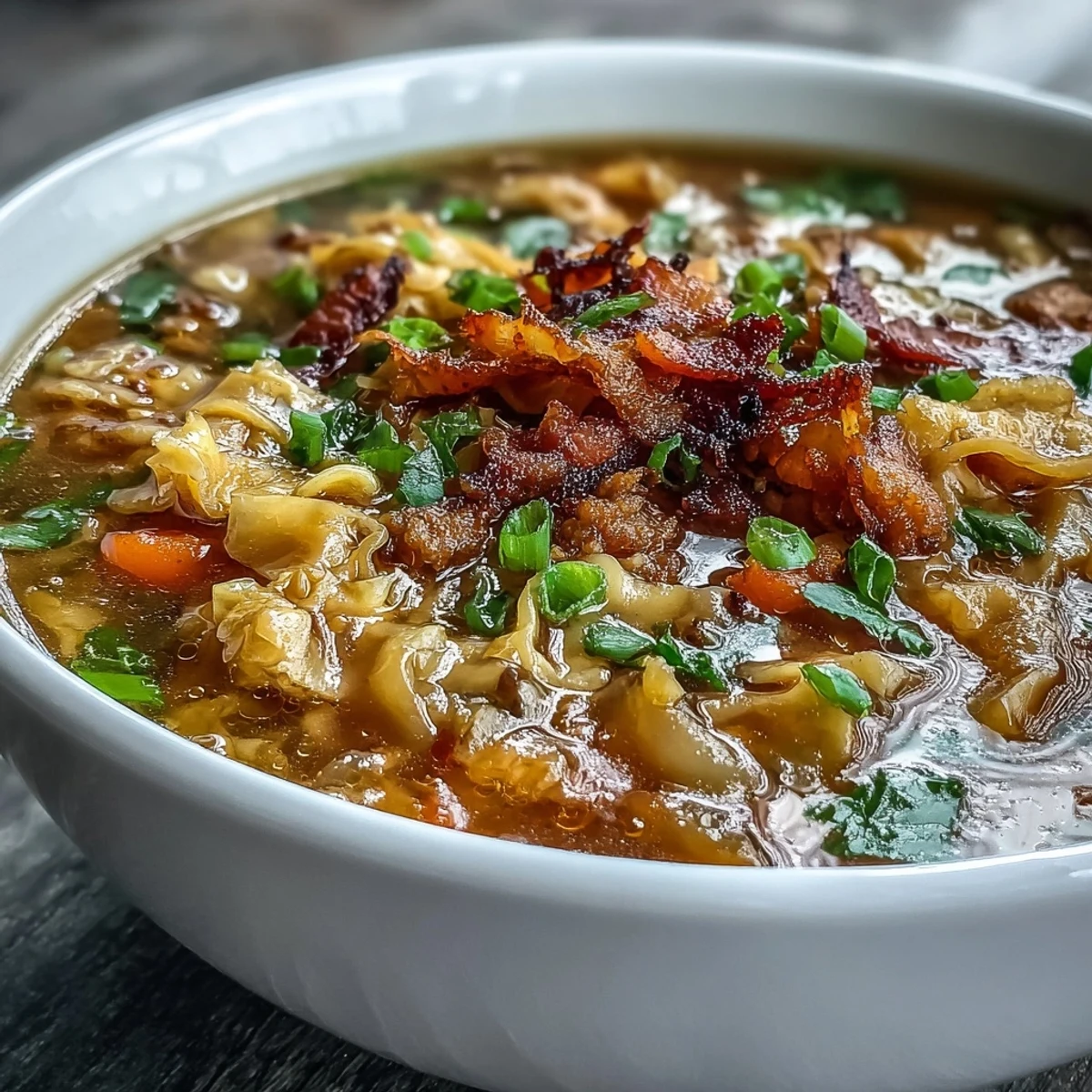A steaming bowl of One-Pot Egg Roll Soup garnished with green onions and fresh ginger.