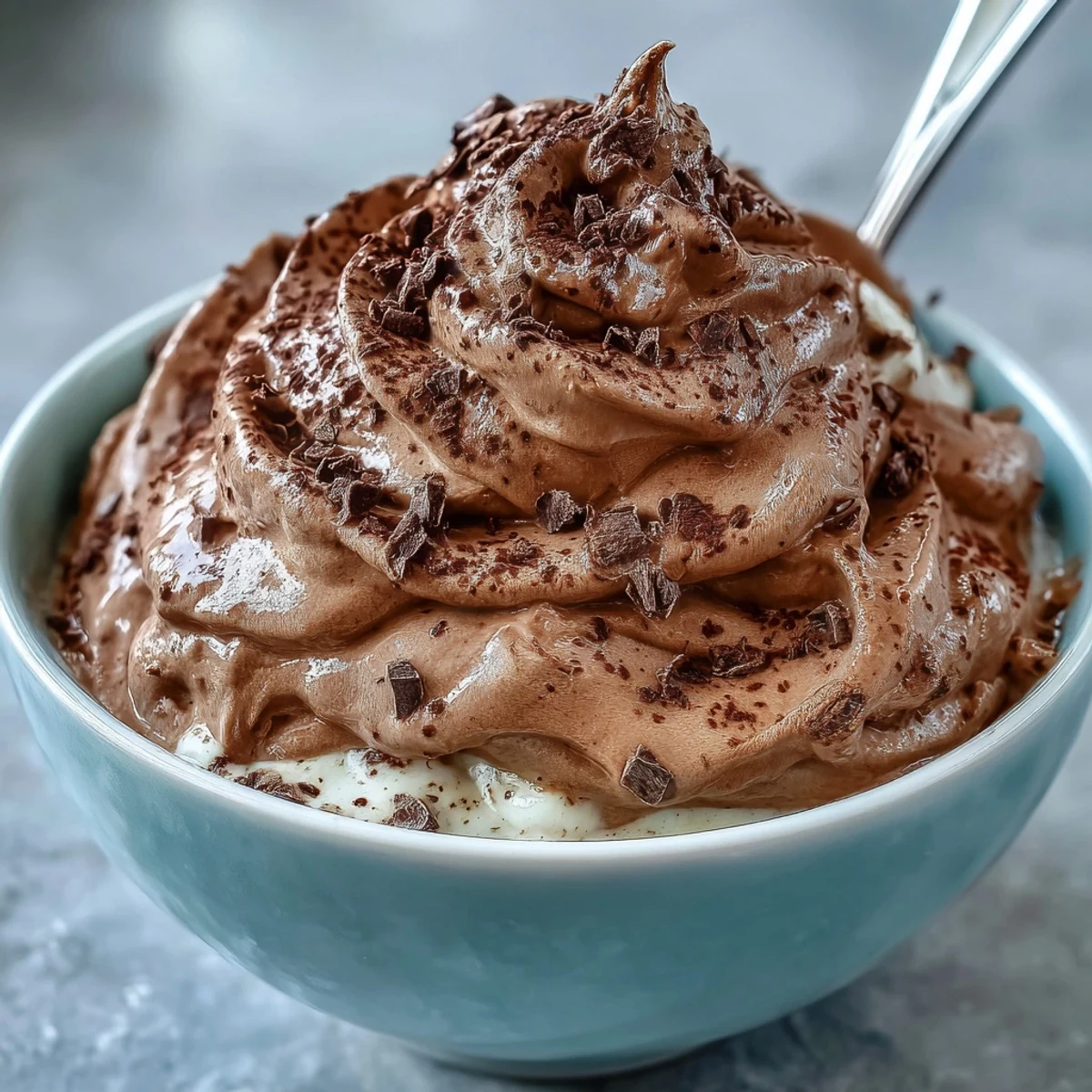 Thick, fluffy chocolate protein fluff being scooped from a bowl, ideal for a post-workout treat or breakfast.