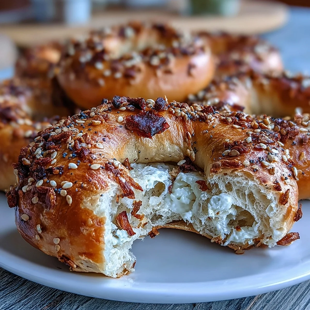 Freshly baked Greek Yogurt Bagels, golden-brown and puffed, perfect for a high-protein breakfast with everything seasoning on top.