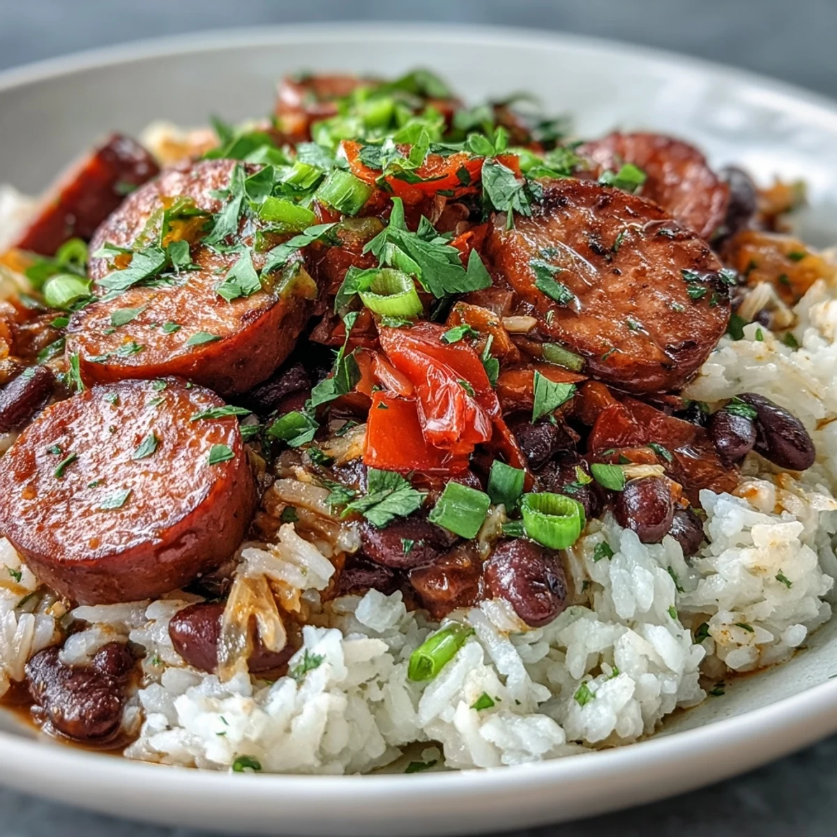 One-pan Black Beans, Sausage, and Rice Skillet ready with cilantro garnish and lime.
