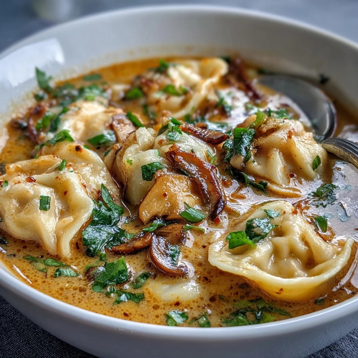 Steamed vegan dumplings floating in creamy Thai coconut curry broth with mushrooms, garlic, and a kick of chili oil.