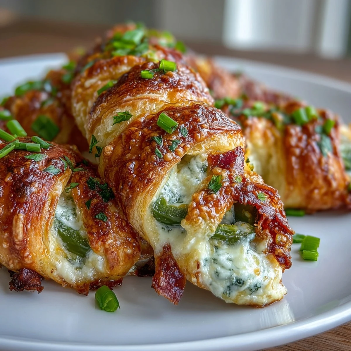 Golden-brown, flaky Jalapeño Popper Twists on a baking sheet, showcasing melted cheddar and vibrant green jalapeño slices.