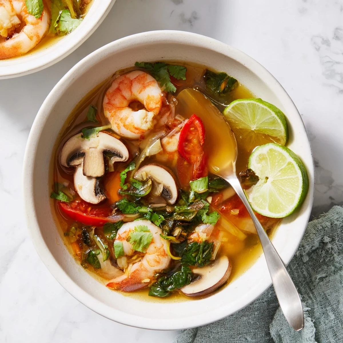 Hot Tom Yum Soup served with lime wedges, showcasing vibrant red broth and tender shrimp.