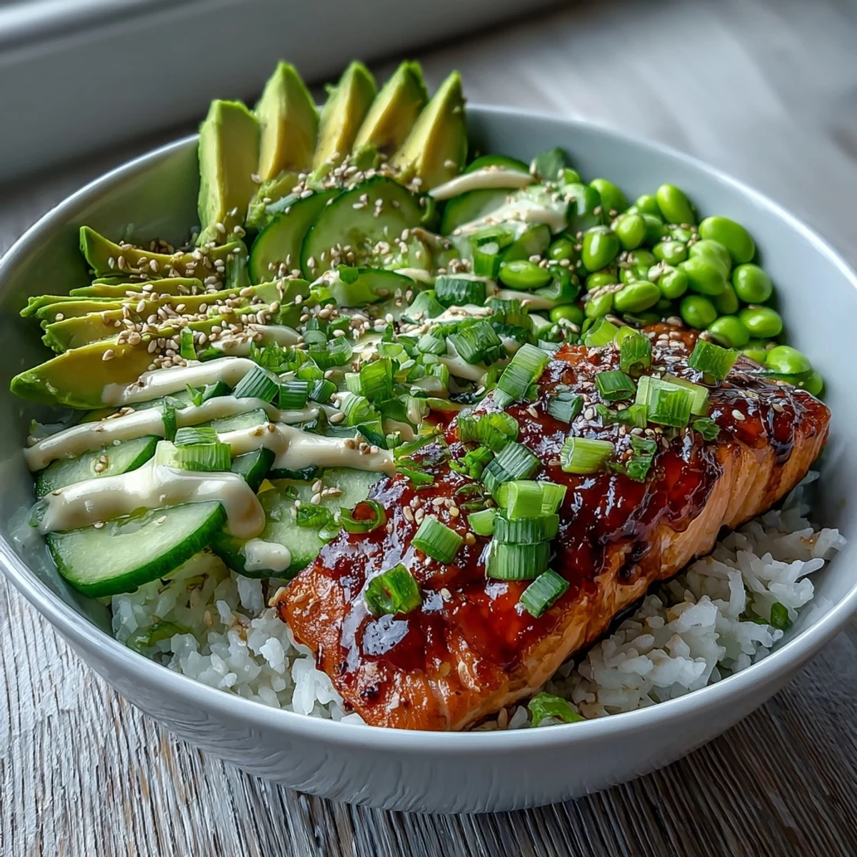Irresistible glazed salmon over jasmine rice, a delicious Honey Sriracha Salmon Bowl.