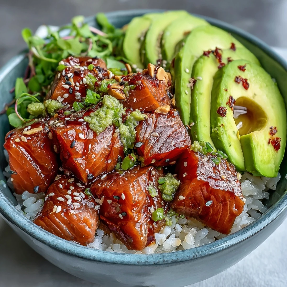 Vibrant Avocado Salmon Bowl, showcasing creamy avocado and tender salmon over seasoned rice.