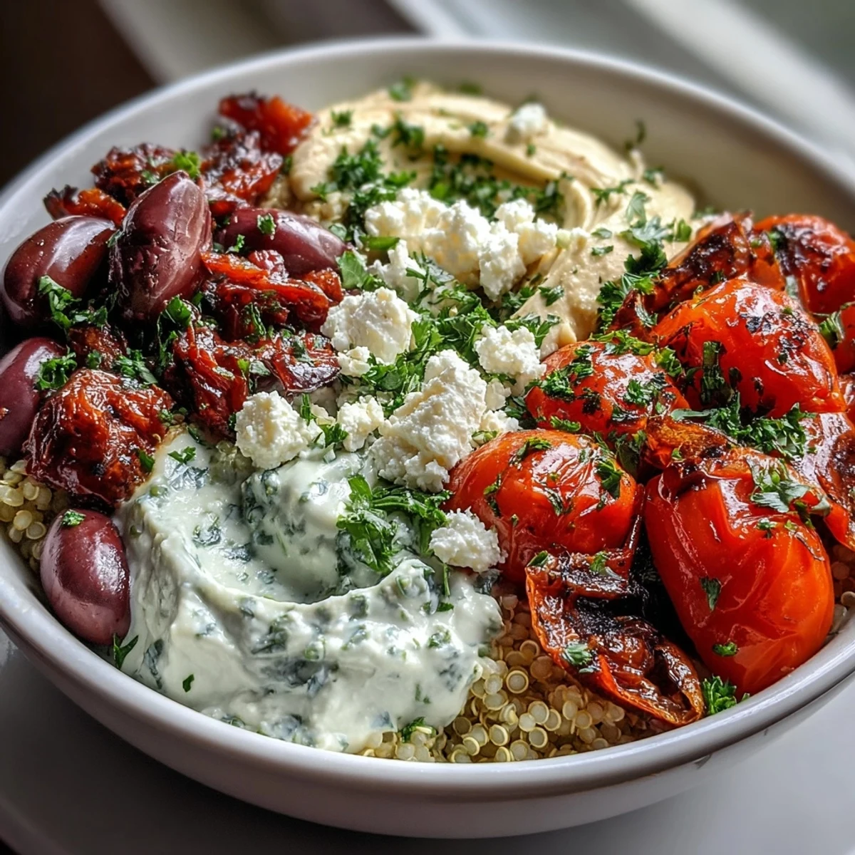 Gorgeous Mediterranean Buddha Bowl piled high with fluffy quinoa, chickpeas, and feta.