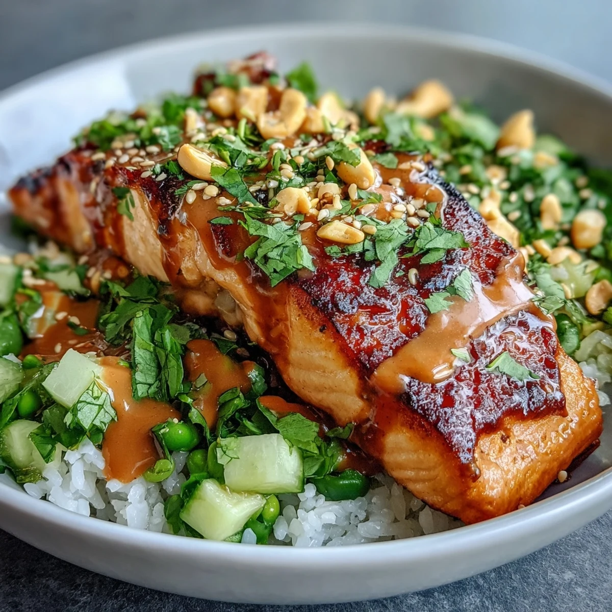 Tender baked {{Bang Bang Salmon Bowl}} with creamy spicy sauce and fresh salsa.