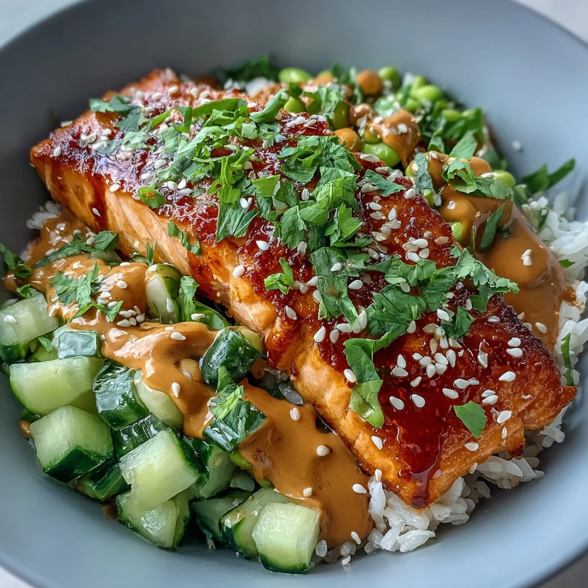 A quick and easy {{Bang Bang Salmon Bowl}} ready for a delicious weeknight dinner.