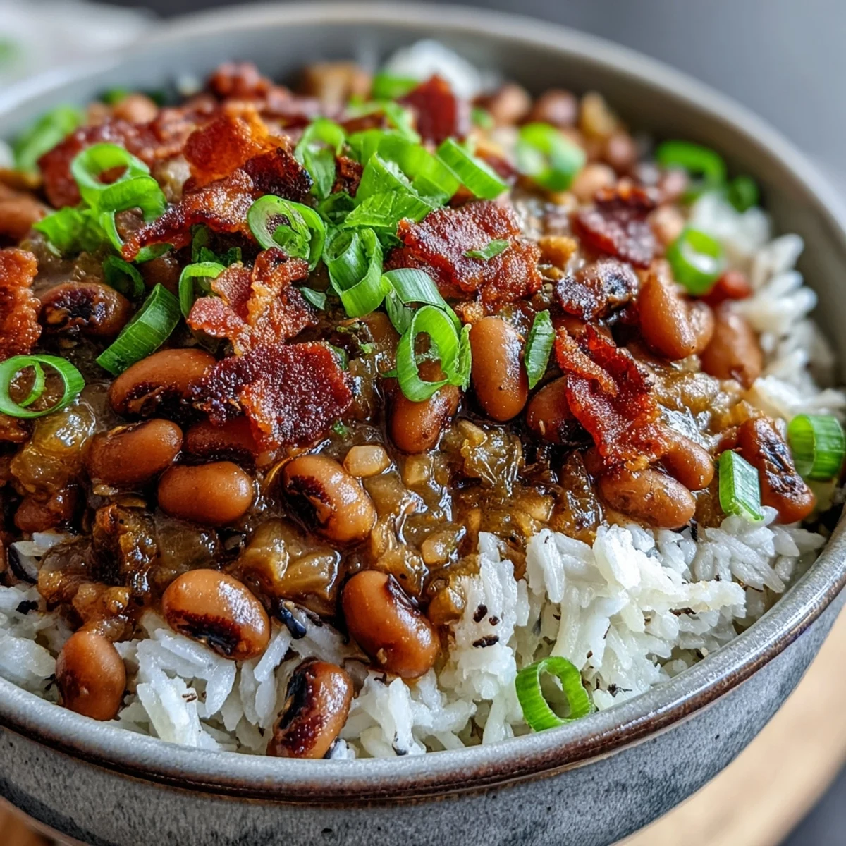 A hearty bowl of Southern Hoppin John, featuring tender black-eyed peas and savory smoky bacon garnish.