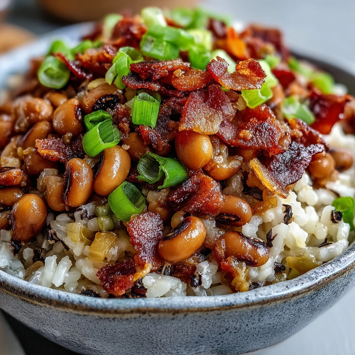 Close-up of Hoppin John served over white rice, topped with crispy bacon and fresh green onions.