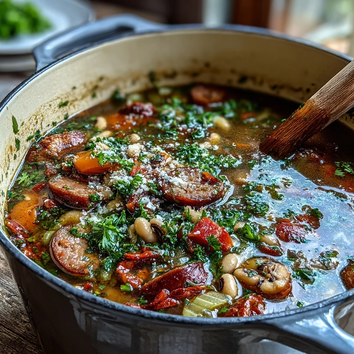 Homemade Black-Eyed Peas and Sausage Soup served in a rustic mug beside a slice of crusty bread.