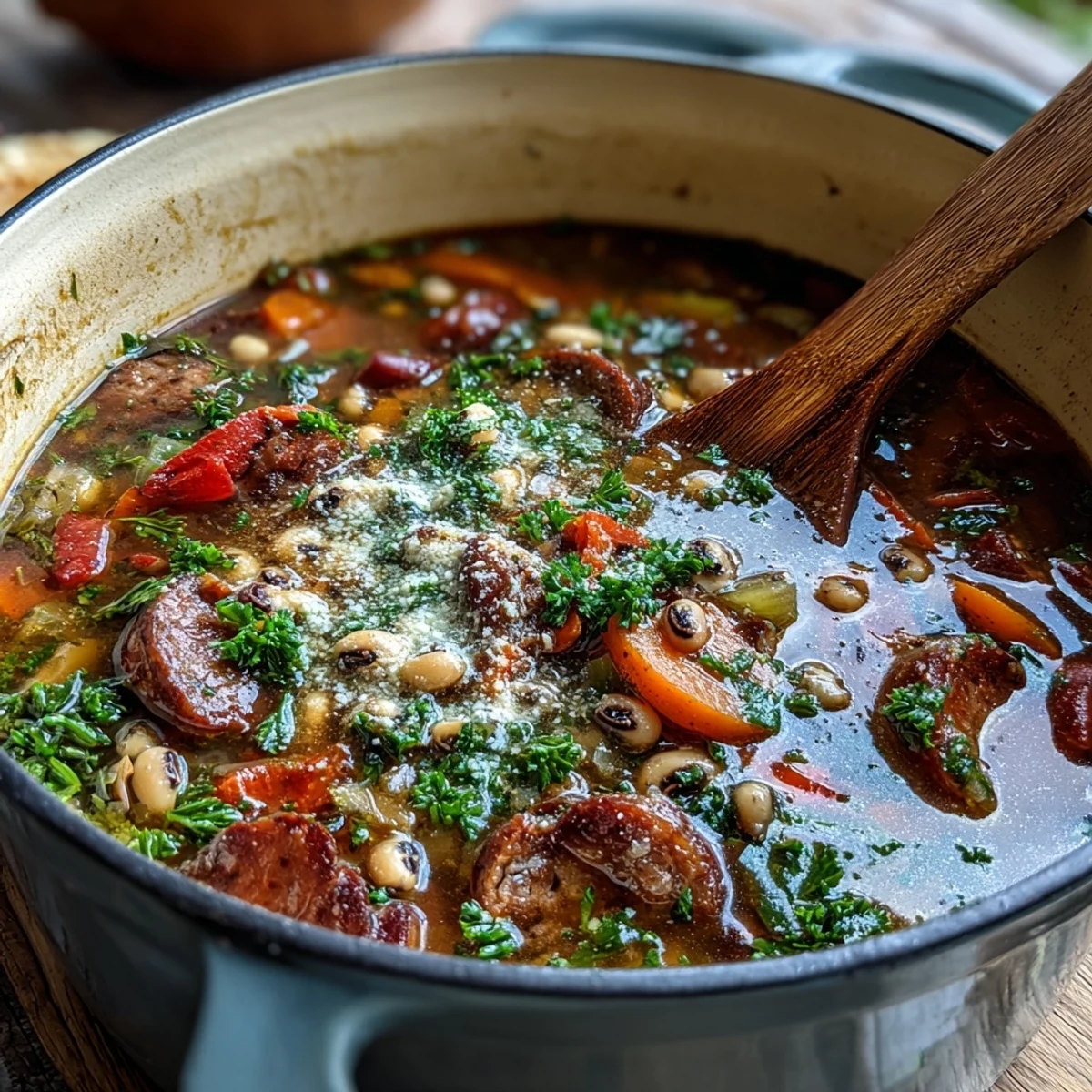 Steaming bowls of hearty Black-Eyed Peas and Sausage Soup topped with fresh parsley and grated Parmesan cheese.