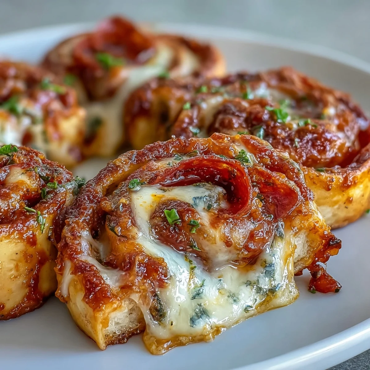 Freshly baked Tortilla Pizza Rolls display golden spirals of mozzarella, zesty tomato sauce, and pepperoni on a rustic board.
