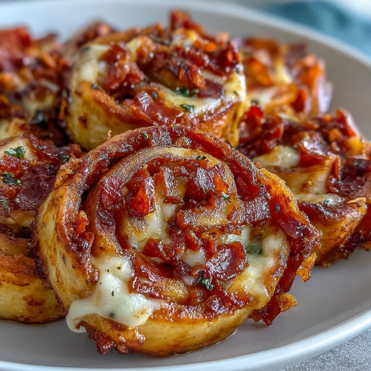 Warm Tortilla Pizza Rolls are served on a platter with a small bowl of marinara for dipping.