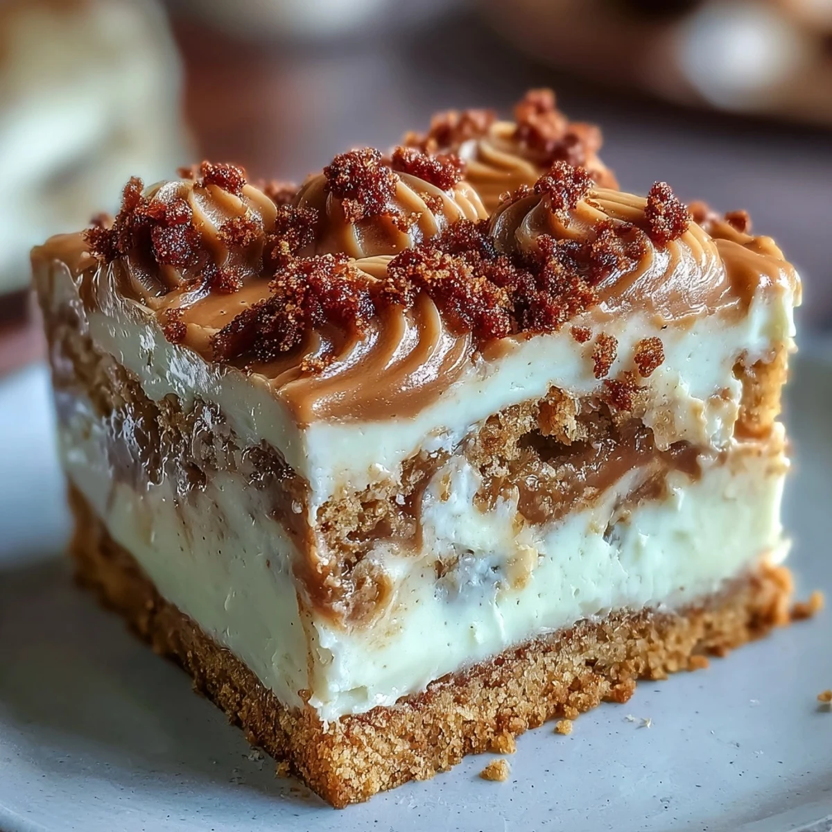 A generous slice of Decadent Baked Biscoff Cake reveals crunchy Biscoff biscuit pieces swirled into the sponge.