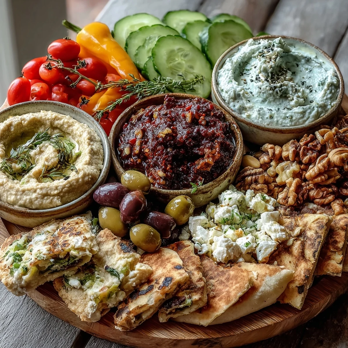 A vibrant Mediterranean Brunch Board features creamy hummus and baba ganoush, with fresh flatbreads for dipping and colorful veggies on a wooden table.