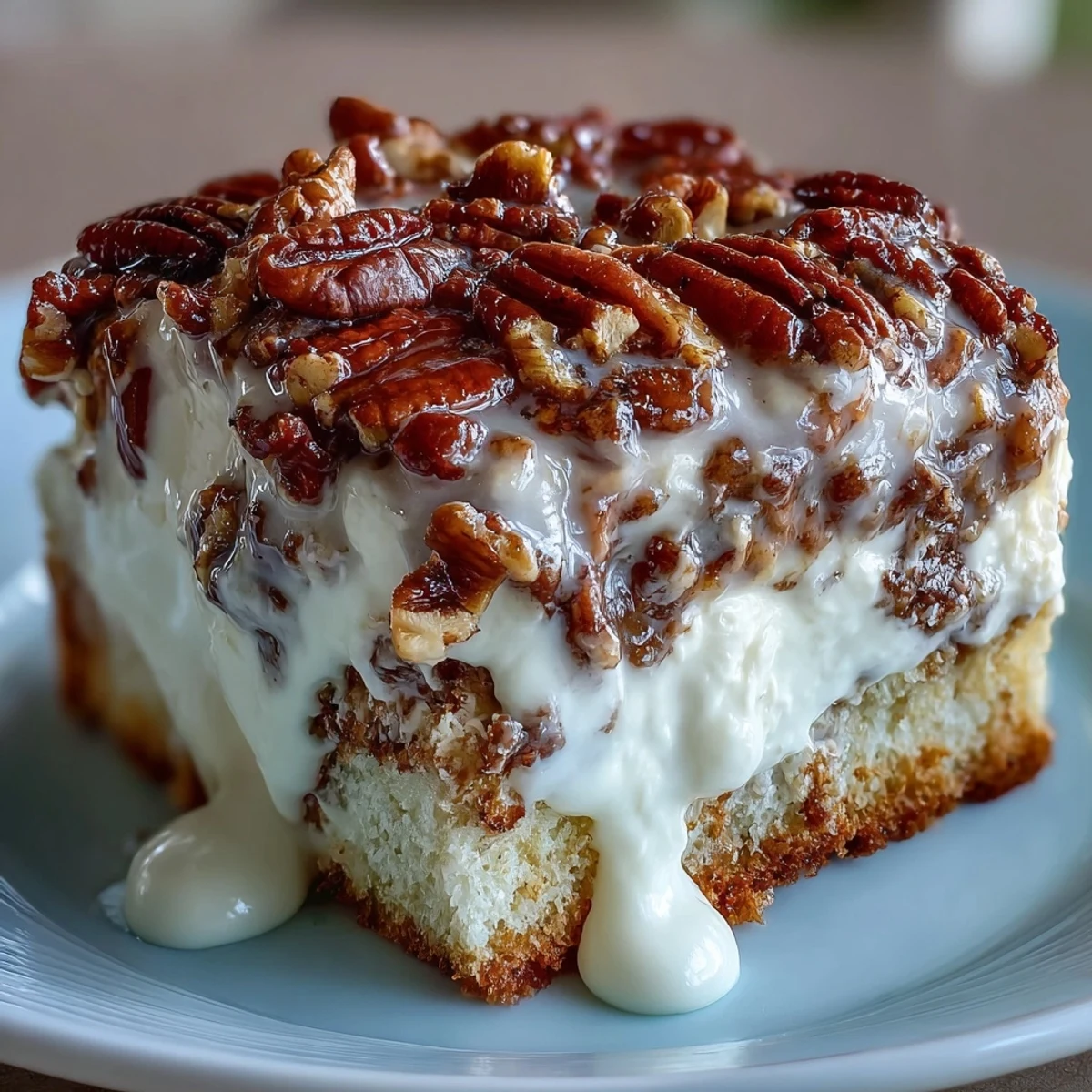 Butter Pecan Tres Leches Cake features soaked sponge cake crowned with toasted pecans and a dollop of sweet whipped cream.