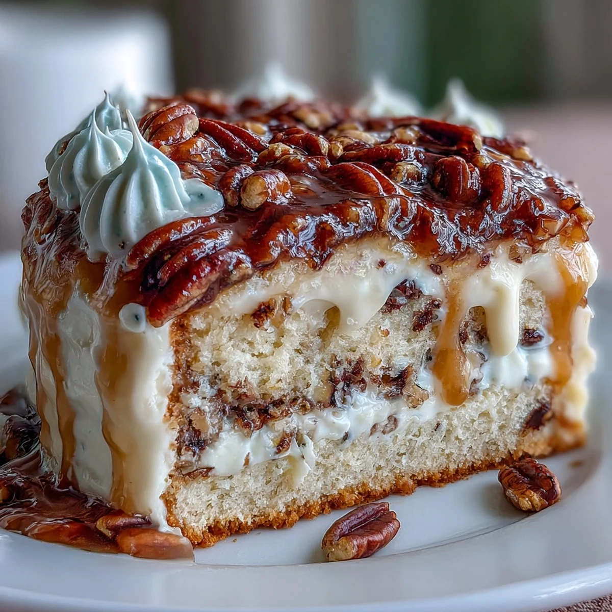 Slice of Butter Pecan Tres Leches Cake revealing moist crumb soaked in milk, topped with caramelized nuts and a cloud of cream.