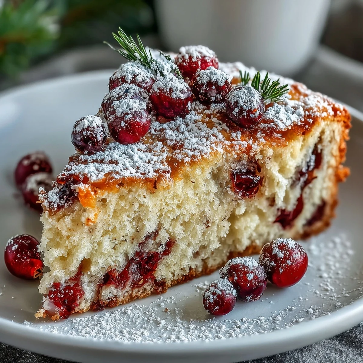 Perfect slice of Cranberry Orange Breakfast Cake served warm, ideal for a cozy brunch with a steaming cup of coffee nearby.