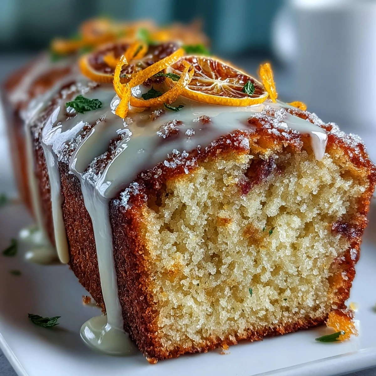 A slice of Heavenly Blood Orange Yogurt Cake showcases a moist crumb and glossy, vibrant citrus icing.