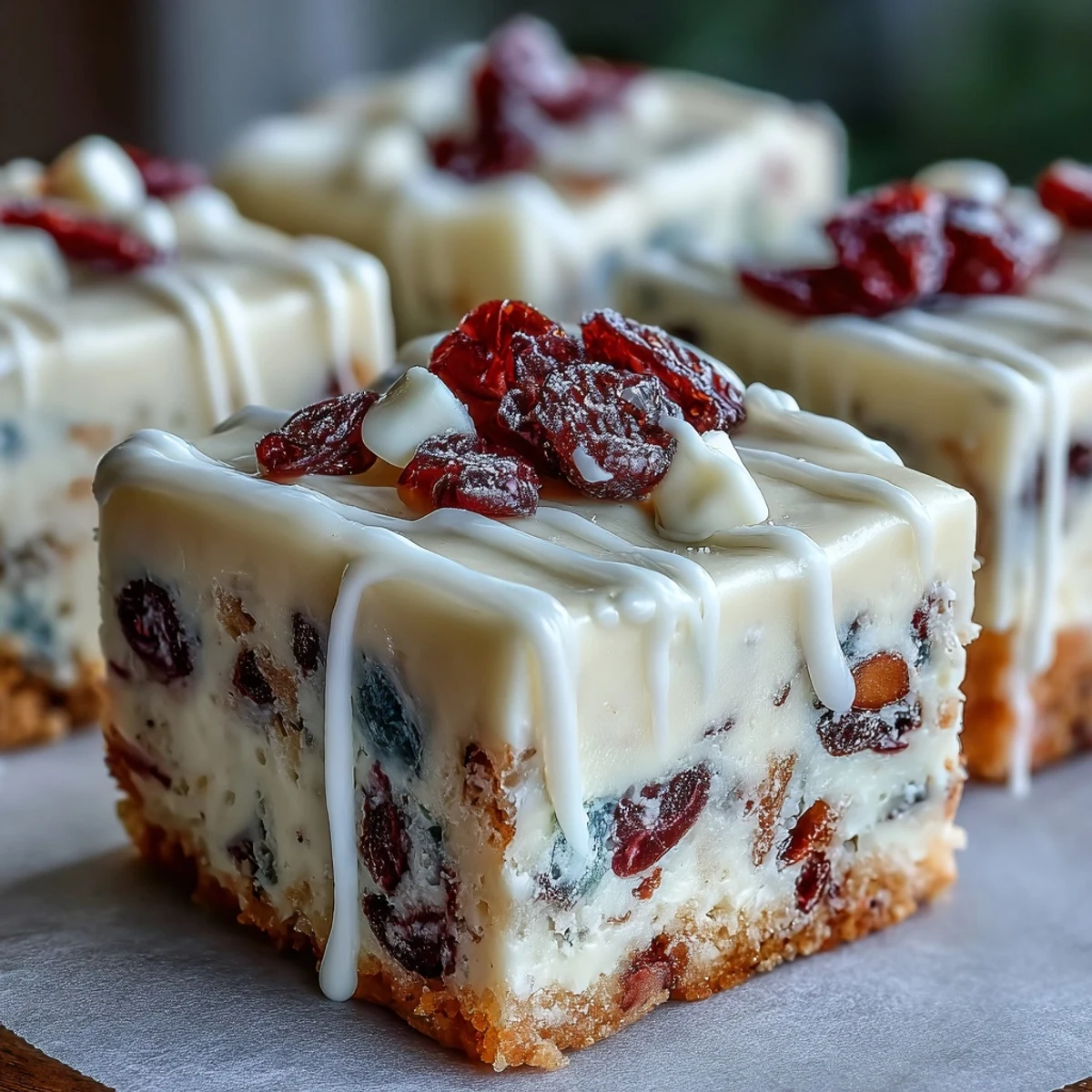 Homemade Cranberry Bliss Bars topped with chopped cranberries and white chocolate, ready to slice for a crowd.