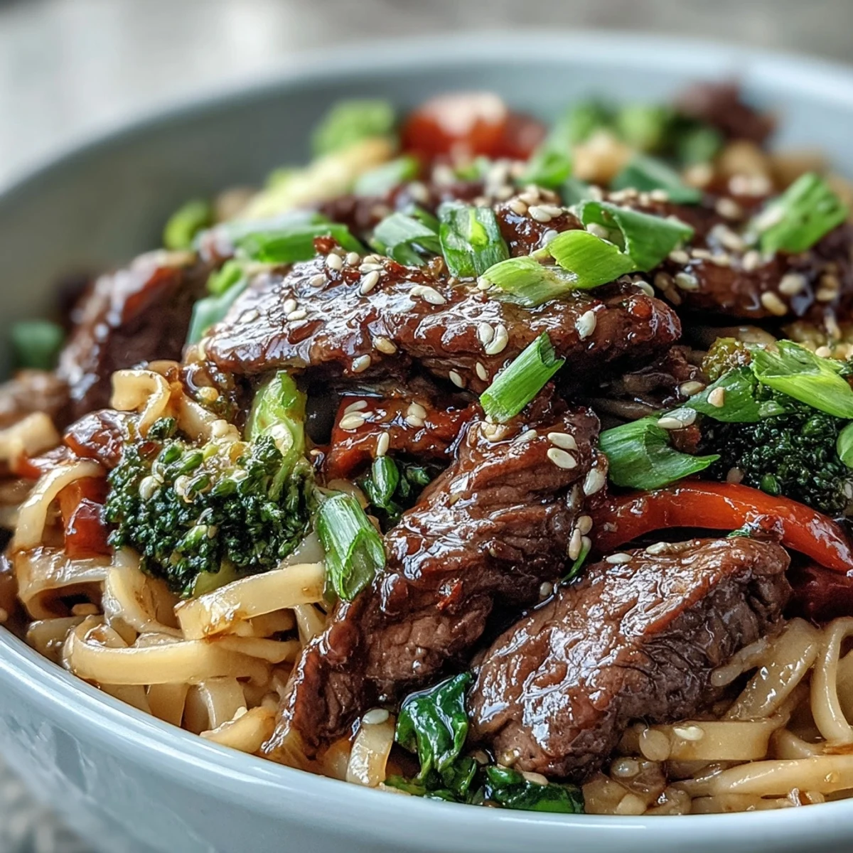 Garnished with sesame seeds and scallions, this Korean Beef Noodles bowl features glossy noodles and tender flank steak.