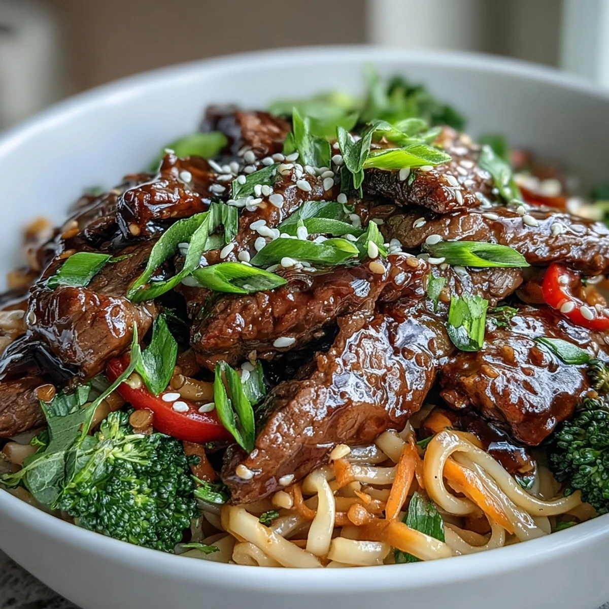 Serve this hearty Korean Beef Noodles recipe family-style, with chopsticks lifting silky noodles and colorful vegetables from the bowl.