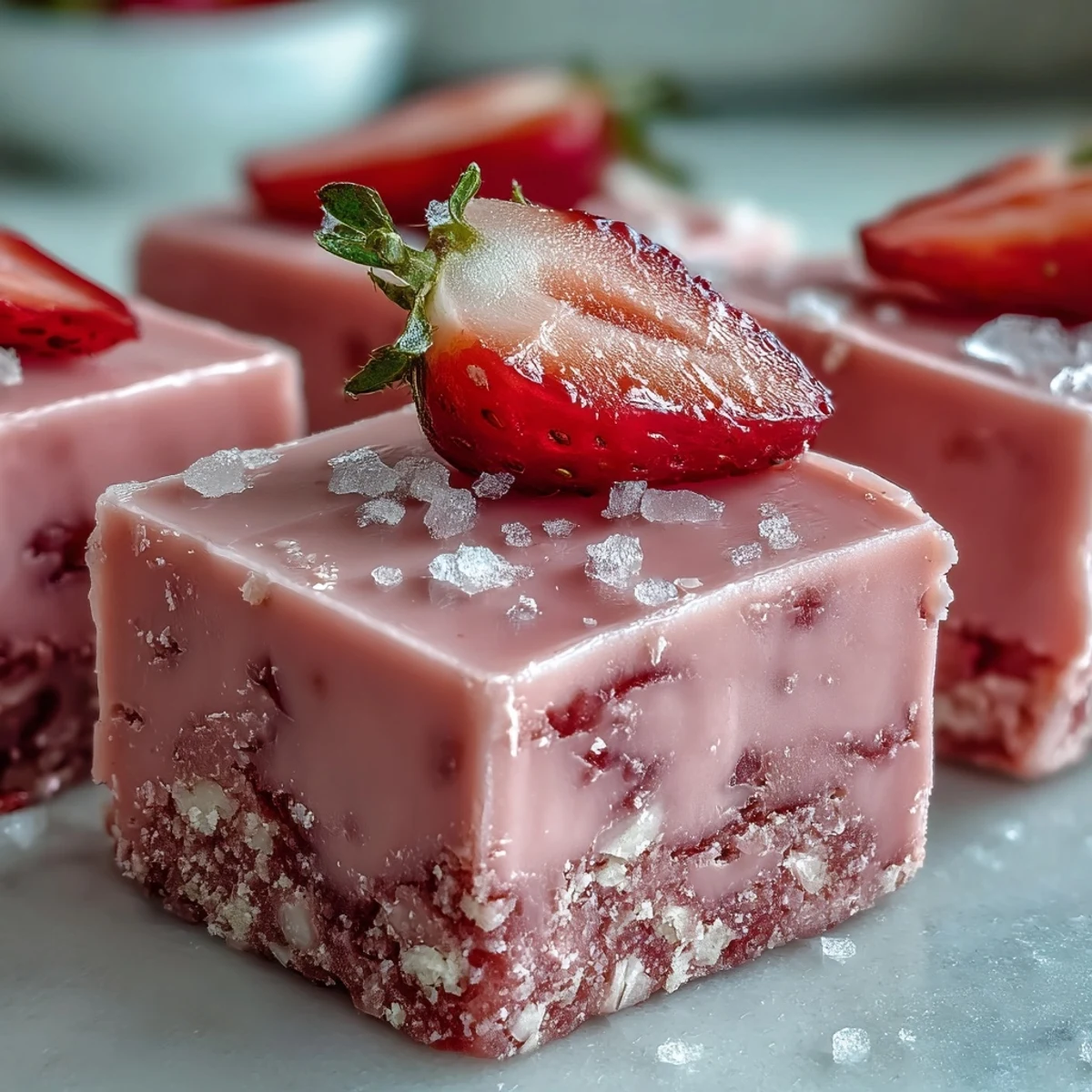 A close-up of No-Bake Strawberry Fudge Squares on a wooden board, showcasing creamy pink layers and fresh strawberry garnish.