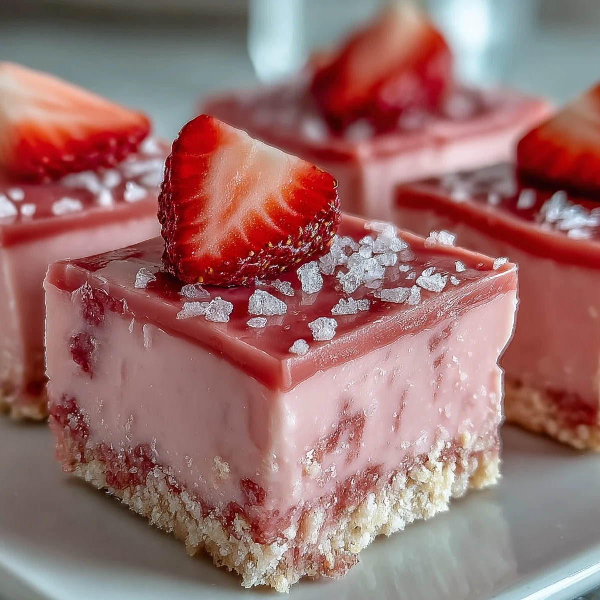 Overhead view of chilled No-Bake Strawberry Fudge Squares, with a graham cracker crust and glossy white chocolate strawberry topping.