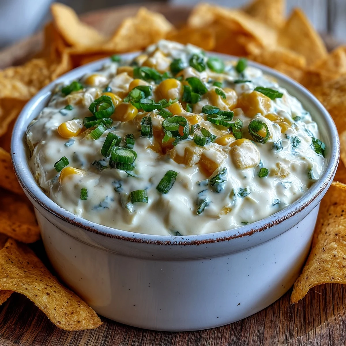 Creamy Crack Corn Dip in a rustic bowl, studded with golden sweet corn and flecked with green onions and jalapeños, surrounded by crispy tortilla chips.  