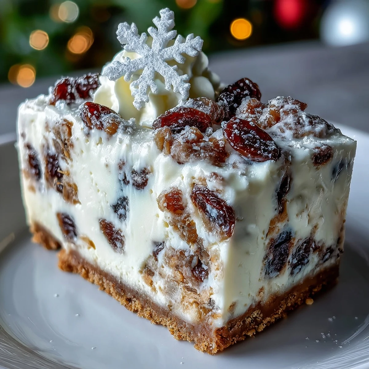A square of Christmas Cheesecake Slab topped with piped whipped cream and a light dusting of powdered sugar, set on a rustic wooden table.