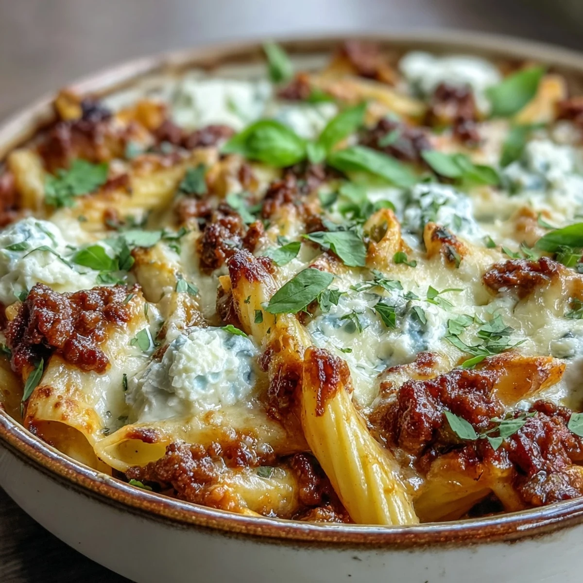 Golden, bubbling mozzarella tops a hearty Cottage Cheese Protein Pasta Bake with Ground Beef, served steaming from the oven in a casserole dish.