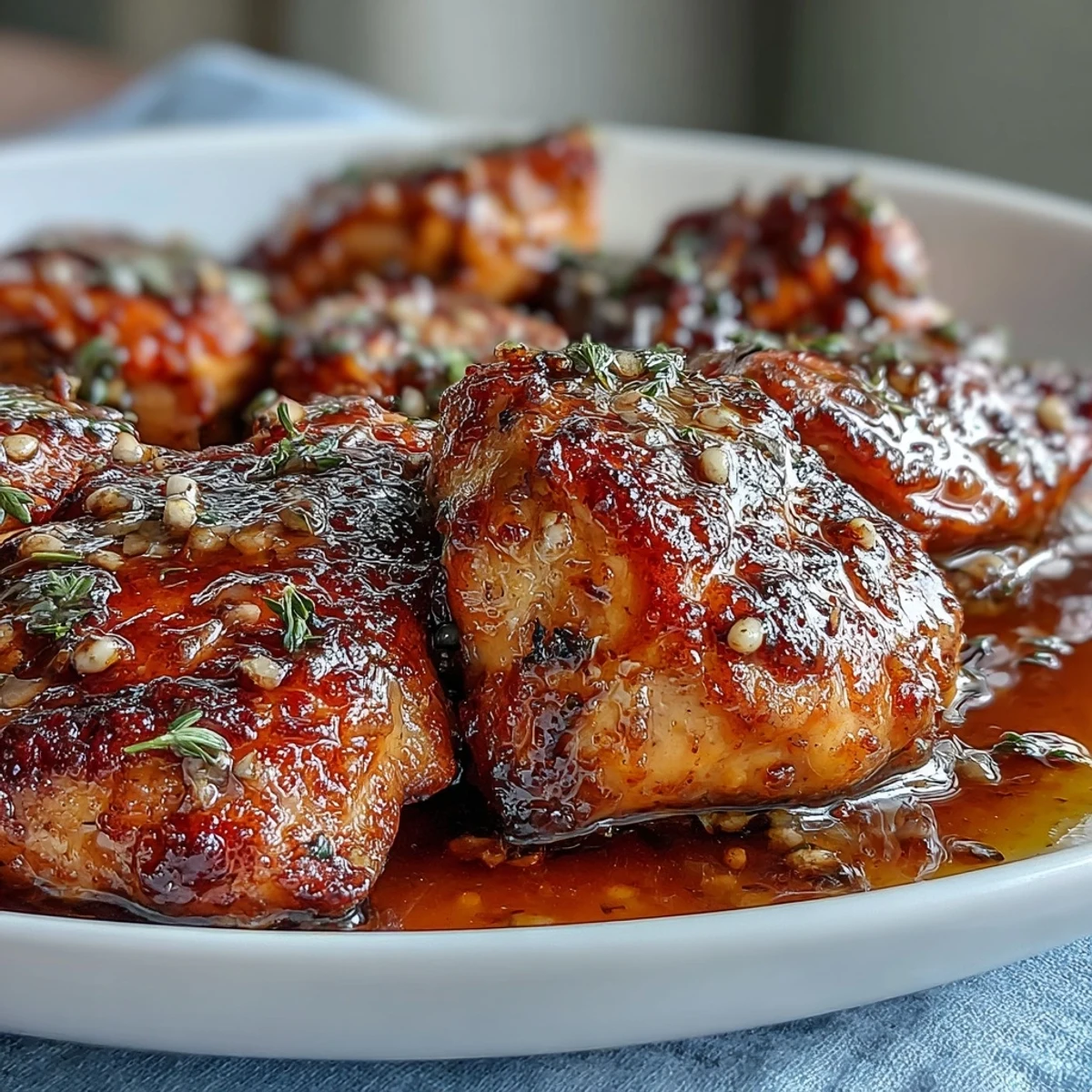 Spoon-ready Slow Cooker Honey Mustard Chicken in a thick, savory glaze, perfect for piling onto mashed potatoes for a hearty meal.