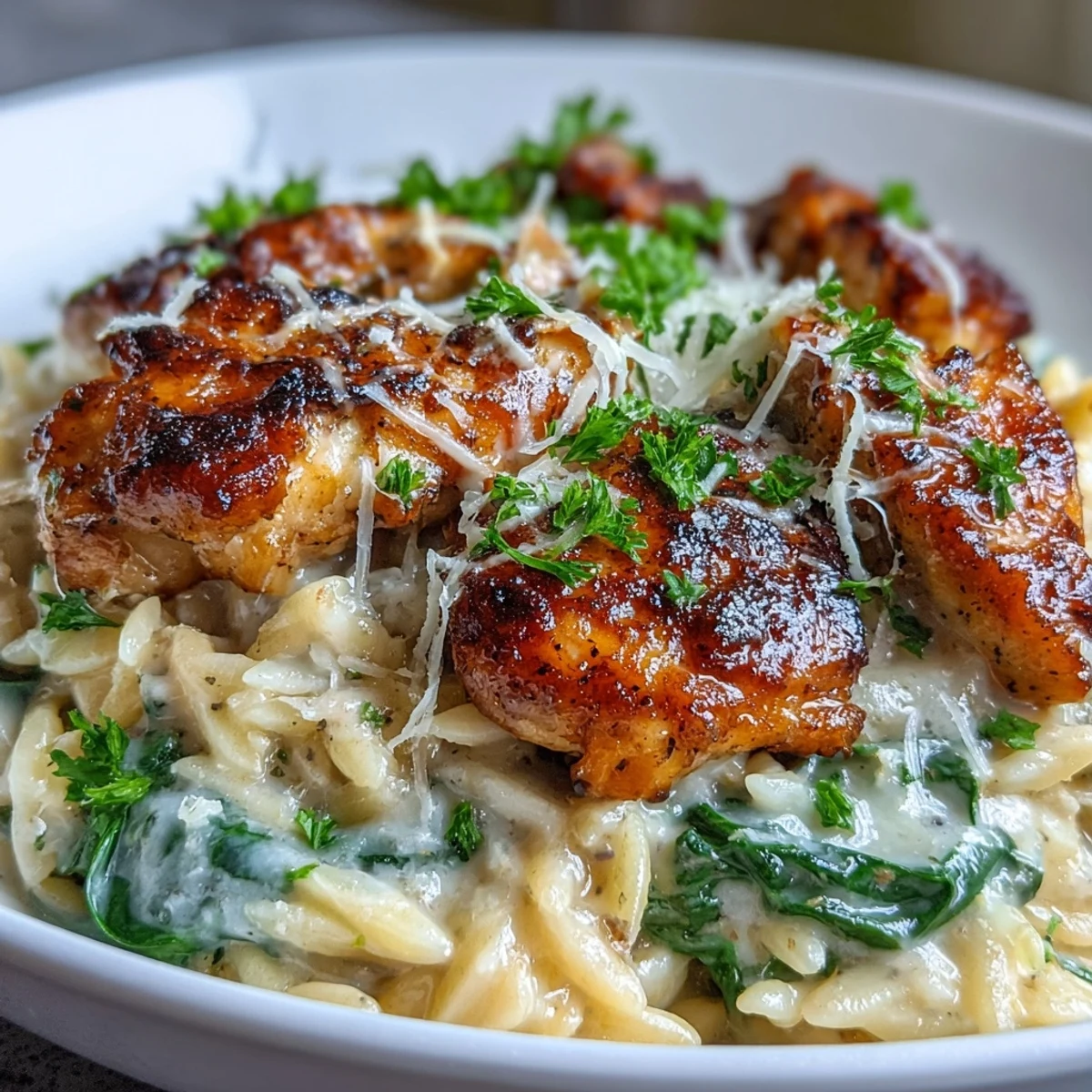 One-Pot Creamy Garlic Parmesan Chicken Orzo in a skillet, garnished with fresh parsley and melted cheese.