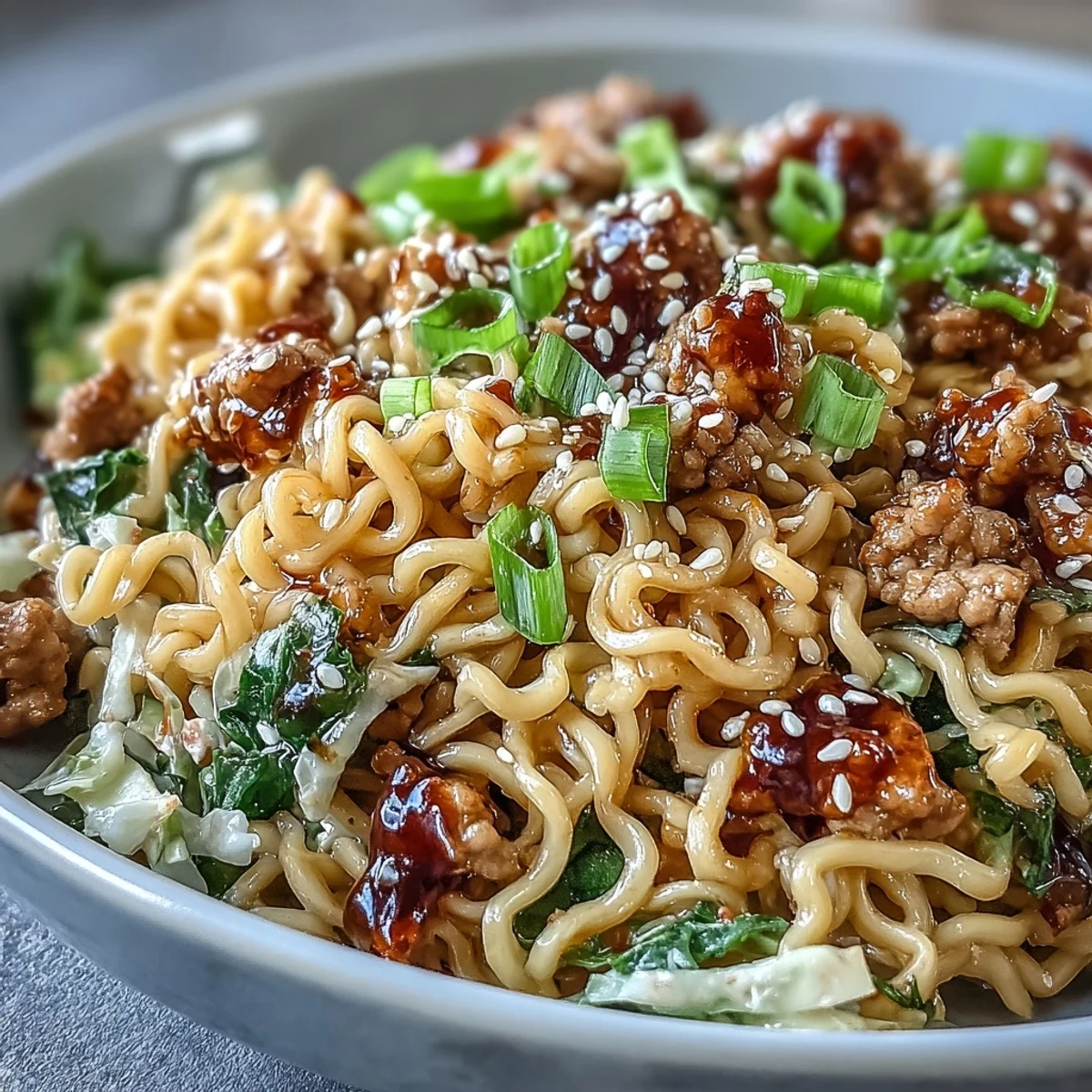 Creamy Potsticker Noodle Stir-Fry loaded with tender ground turkey and crunchy coleslaw mix in a glossy sesame sauce, served steaming in a bowl.