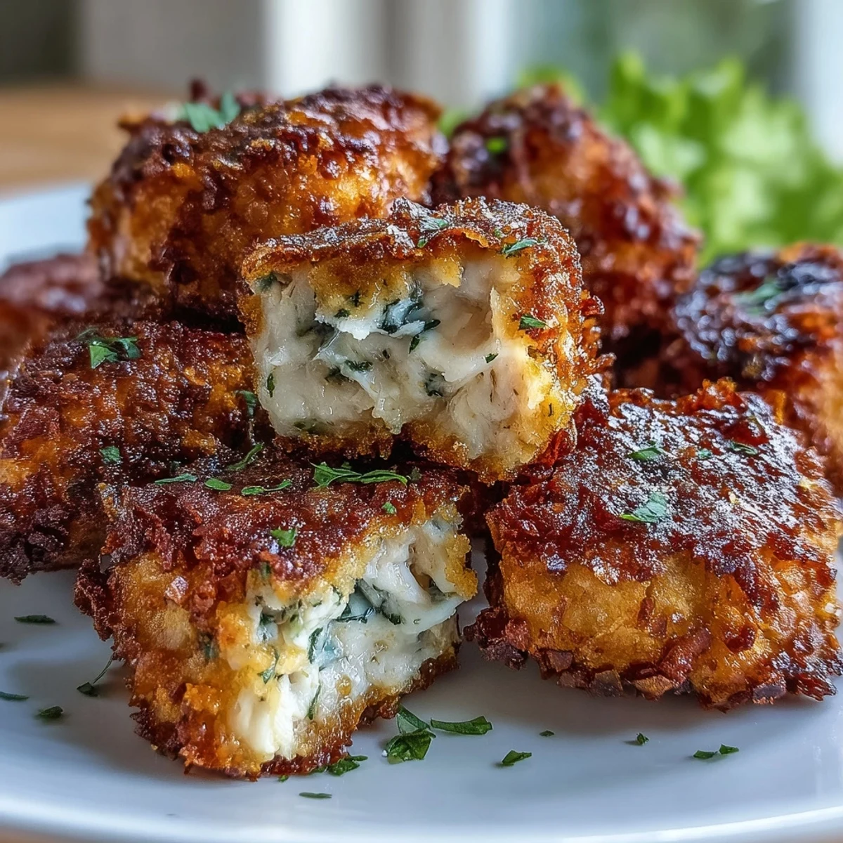 Golden-brown Asiago Panko Chicken Bites fresh from the oven, served with a creamy white dipping sauce.