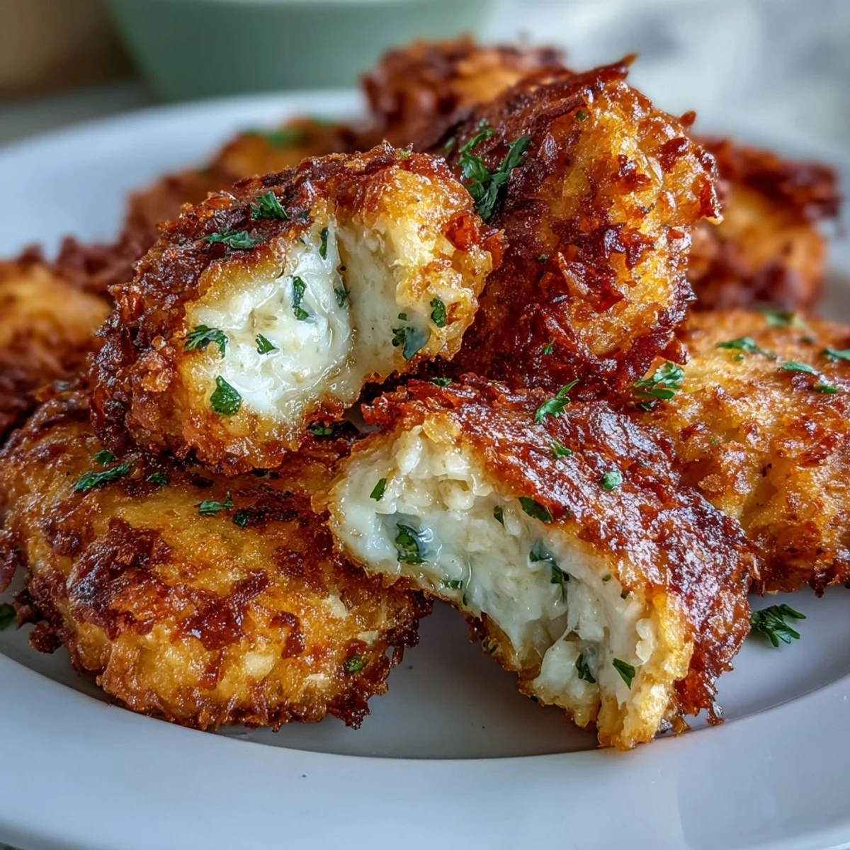 Asiago Panko Chicken Bites arranged on a platter with fresh parsley and lemon wedges for serving.