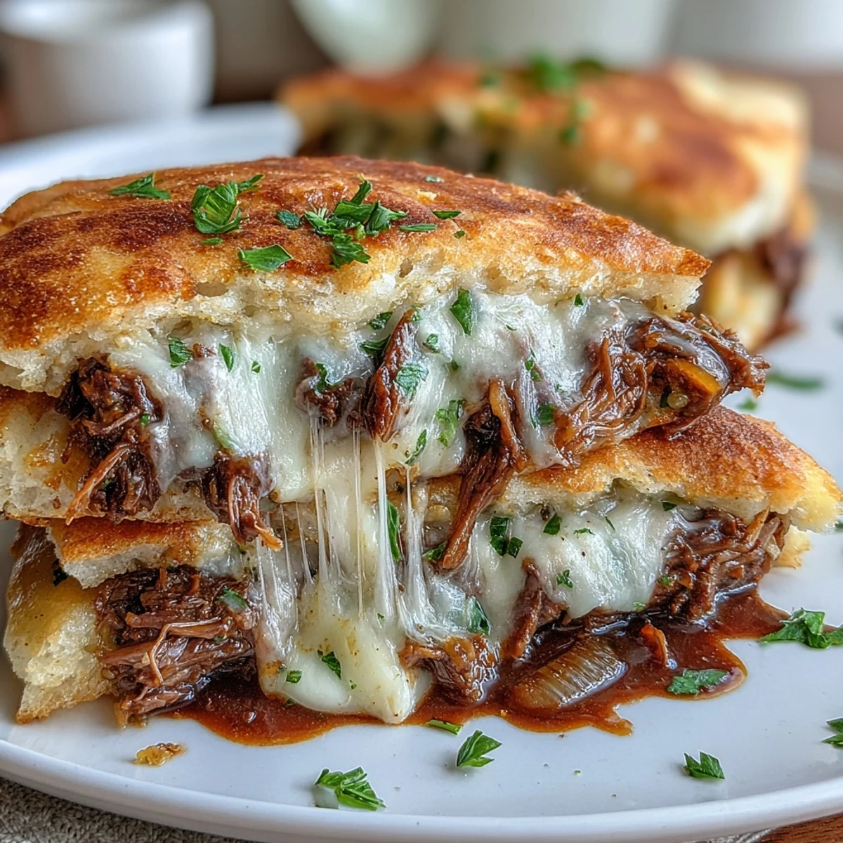 Slow Cooker Beef & Garlic Naan Melt piled high with shredded pot roast and onions on warm garlic naan, ready to serve.