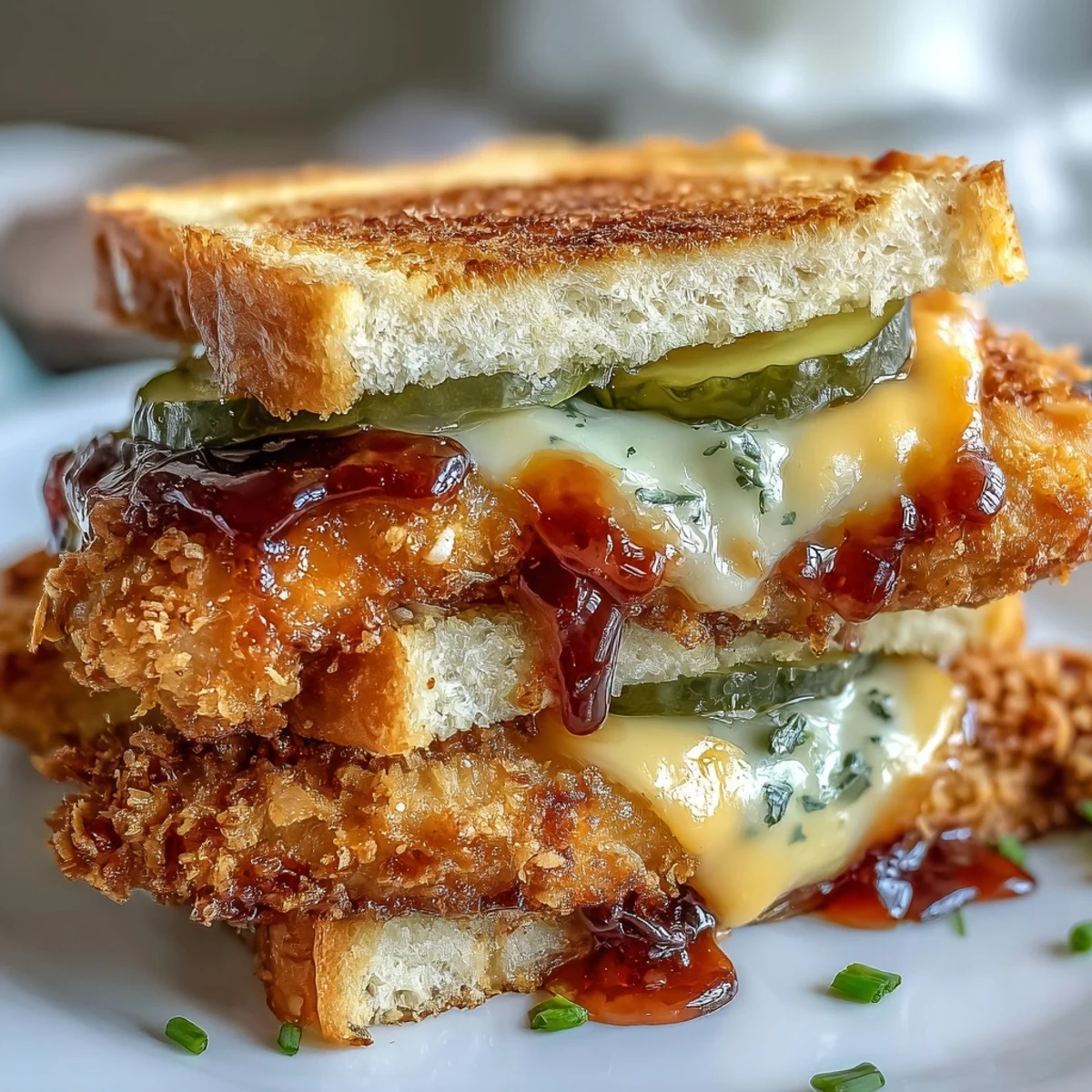Close-up of a pull-apart sandwich bake showing golden buns, sesame seeds, and juicy chicken tenders smothered in hot honey butter sauce and crunchy pickles.