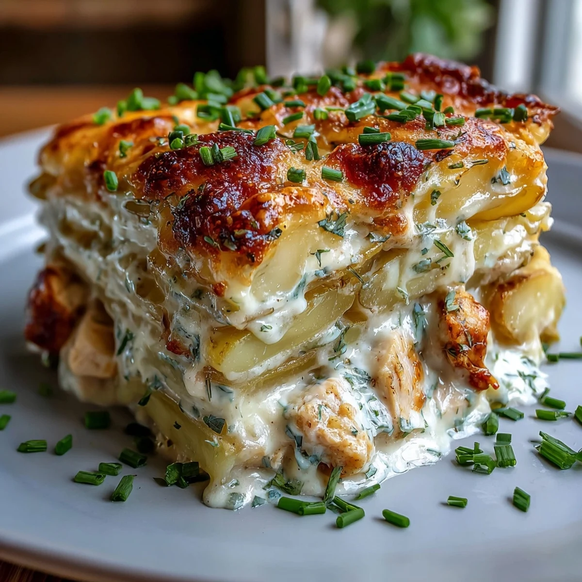 Creamy Ranch Chicken Potato Bake with bubbling cheddar, tender potatoes, and golden edges served with fresh chives.
