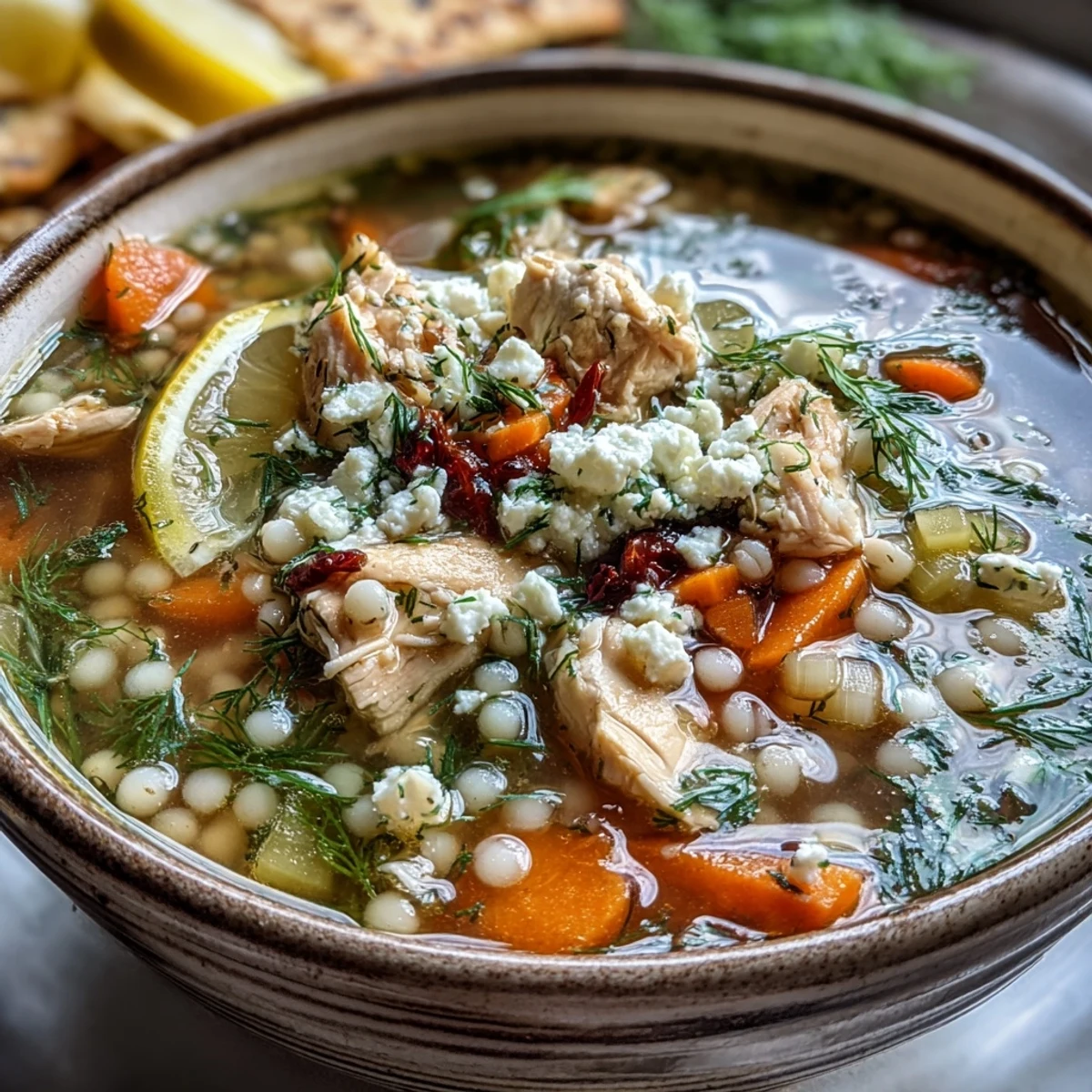 Steaming bowl of Greek Chicken & Pearl Couscous Soup topped with crumbled feta and fresh dill.
