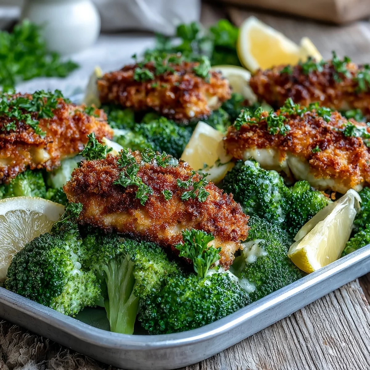 One-pan Crispy Parmesan Broccoli & Chicken Trays served hot with a side of rice for dinner.