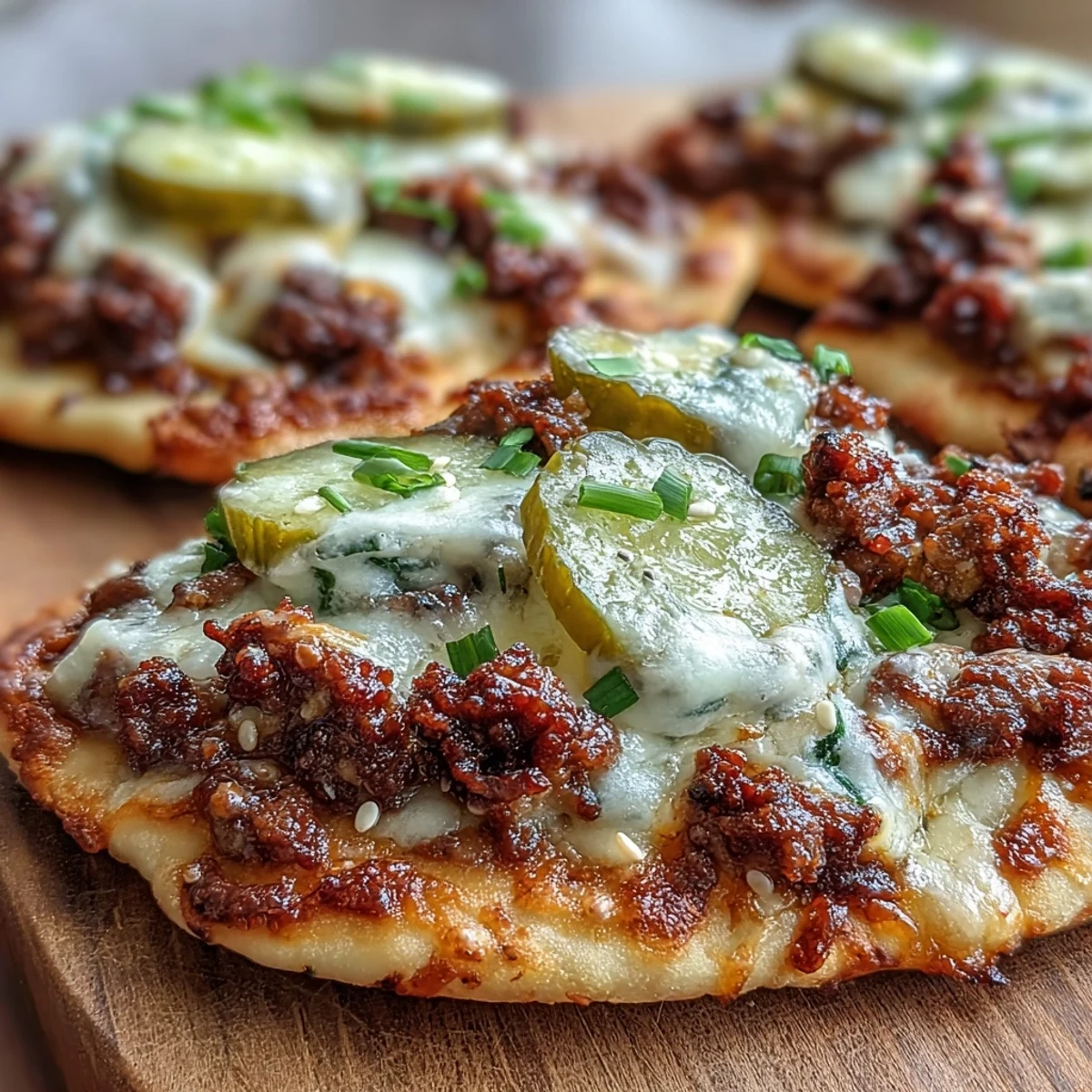 Crispy mini naan bases loaded with seasoned ground beef, melted cheese sauce, and tangy dill pickle slices for a savory bite. These Cheeseburger Garlic Naan Pizzas make the ultimate easy weeknight dinner or game day snack, served warm and gooey right from the oven.