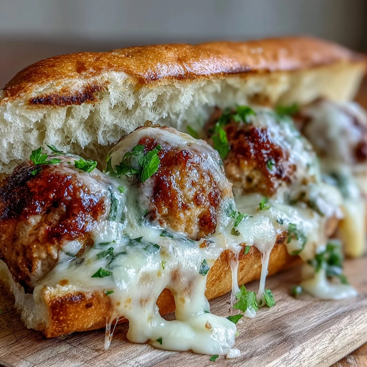 Golden-baked turkey meatballs simmer in creamy garlic-Parmesan sauce, ready to fill toasted hoagie rolls.