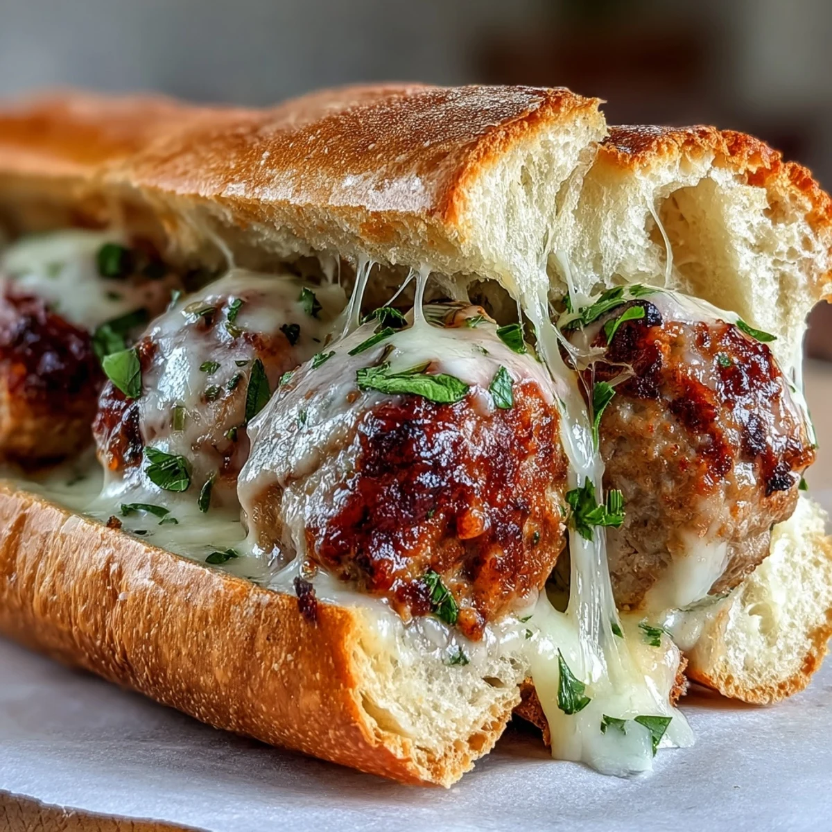 Freshly broiled Garlic Parmesan Turkey Meatball Subs with bubbling cheese and hearty marinara-ready rolls.
