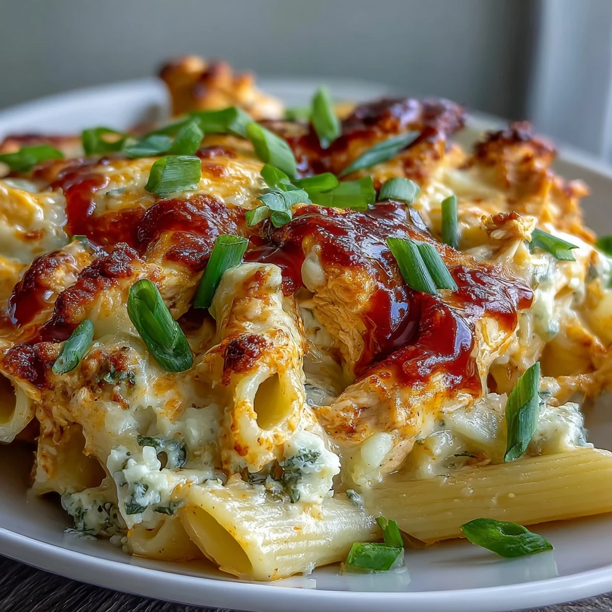 Creamy Buffalo Ranch Chicken Pasta Bake features bubbling golden cheese, tender pasta, and spicy buffalo sauce, fresh from the oven.
