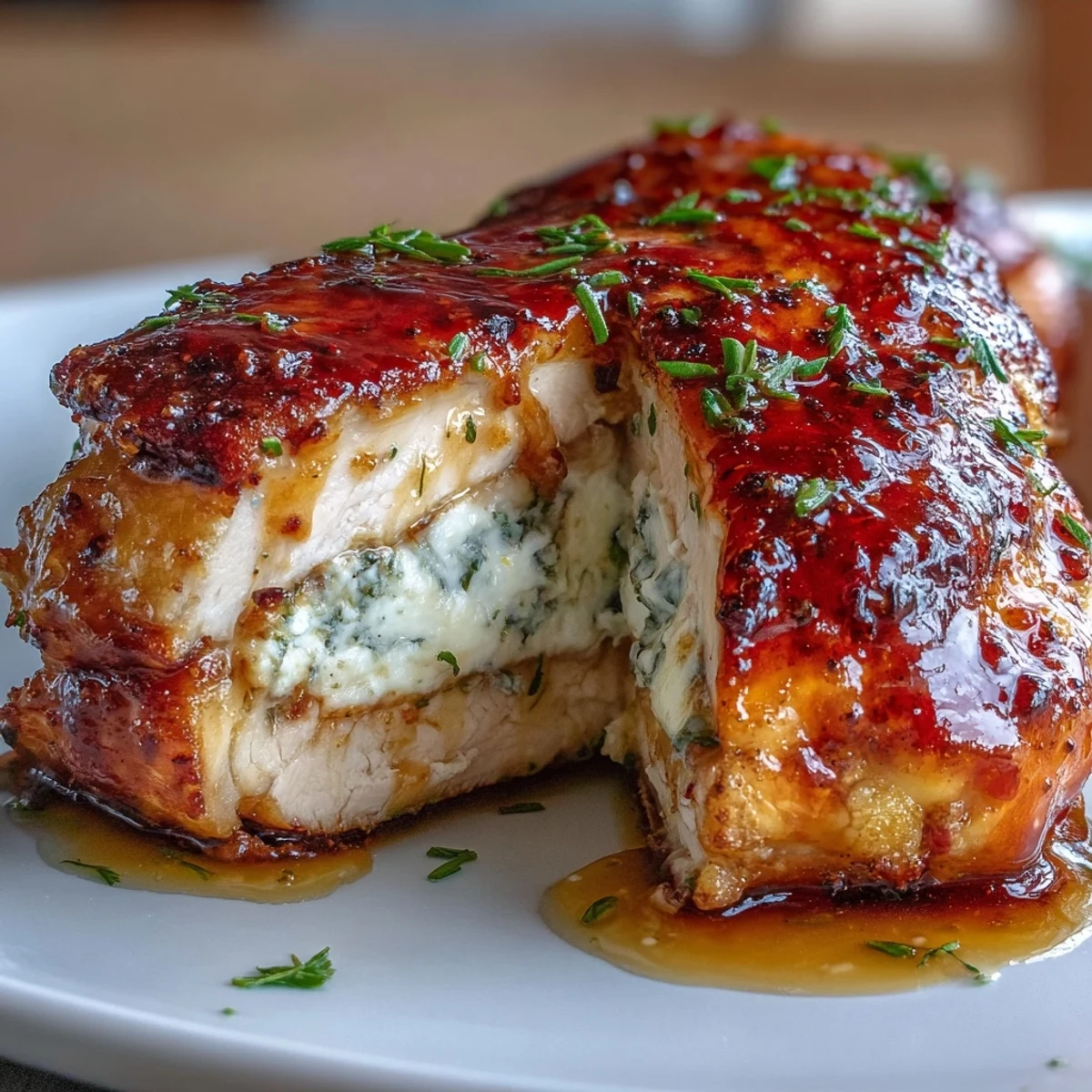 Freshly glazed Hot Honey Ricotta Stuffed Chicken garnished with chopped parsley and lemon wedges on a rustic wooden cutting board.