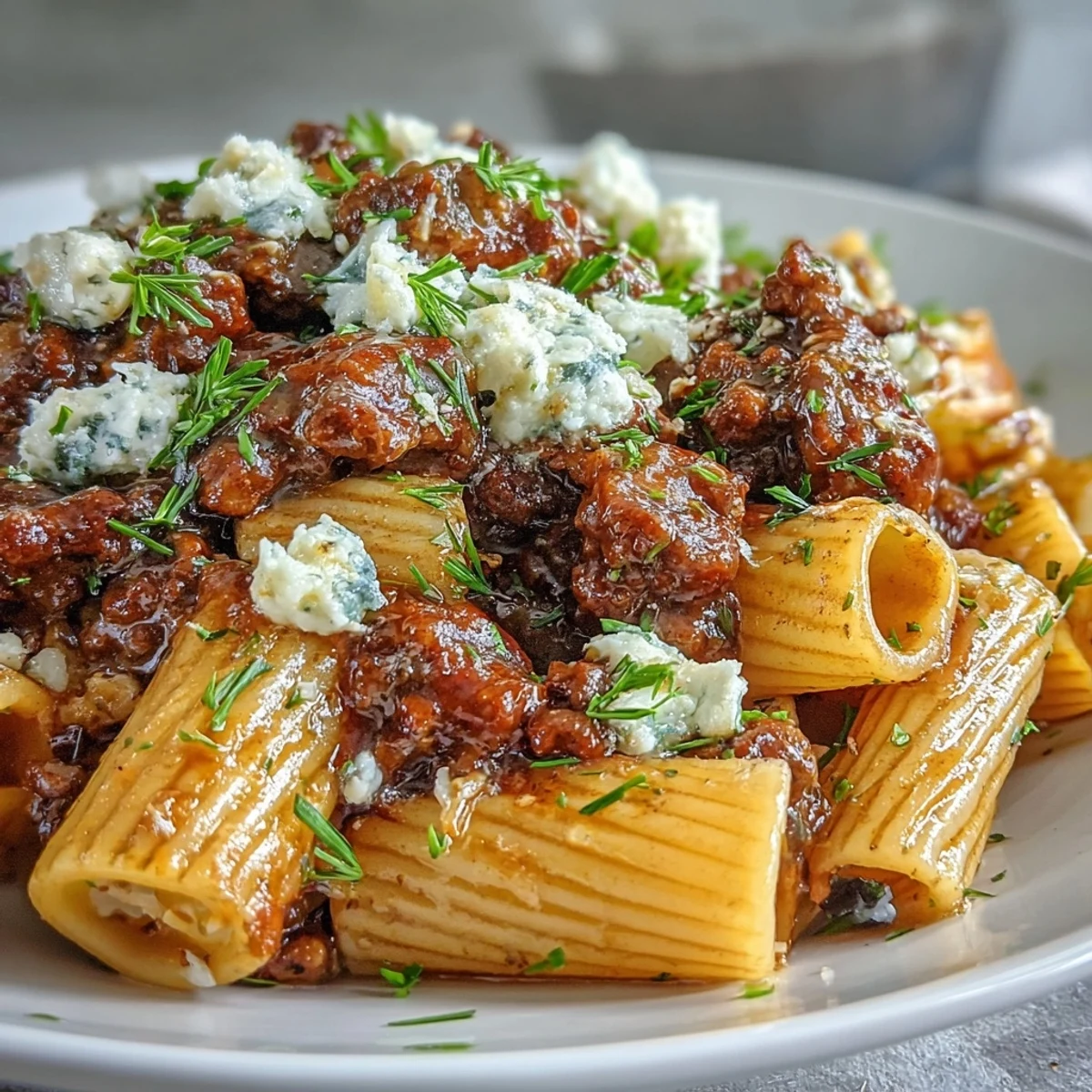 Spoonful of One-Pot Creamy Red Wine Sausage Pasta, showing rich red sauce and cheese.