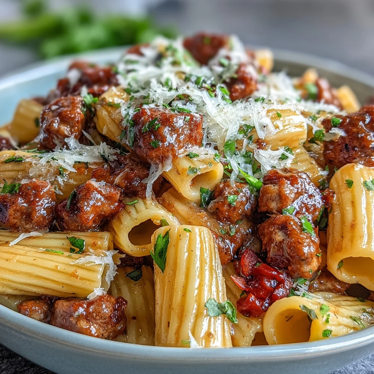 Sizzling Italian sausage and peppers simmering into One-Pot Creamy Red Wine Sausage Pasta.