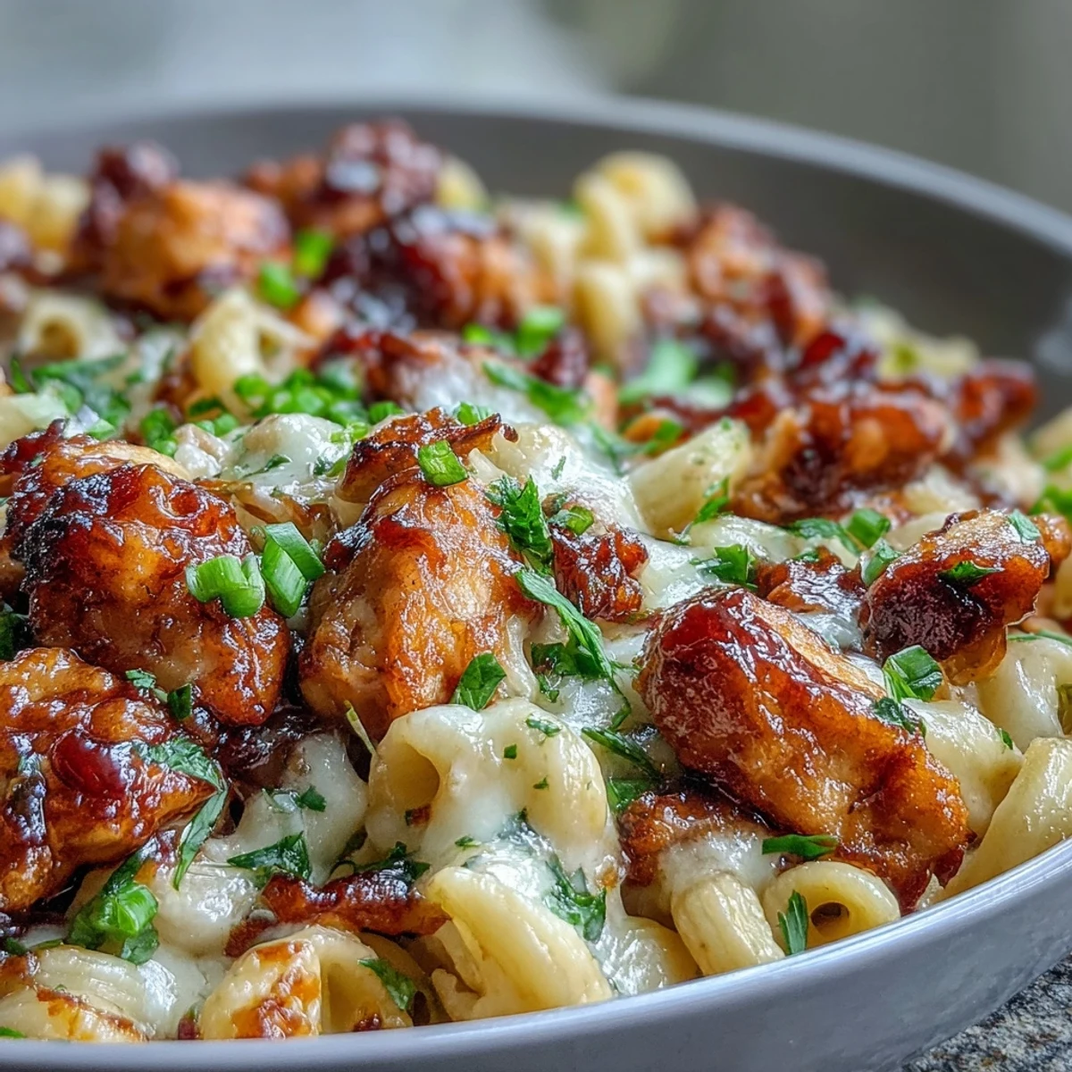 Golden-brown honey BBQ chicken pieces simmering in a sticky glaze, ready to be folded into creamy cheddar pasta for a one-pan dinner.